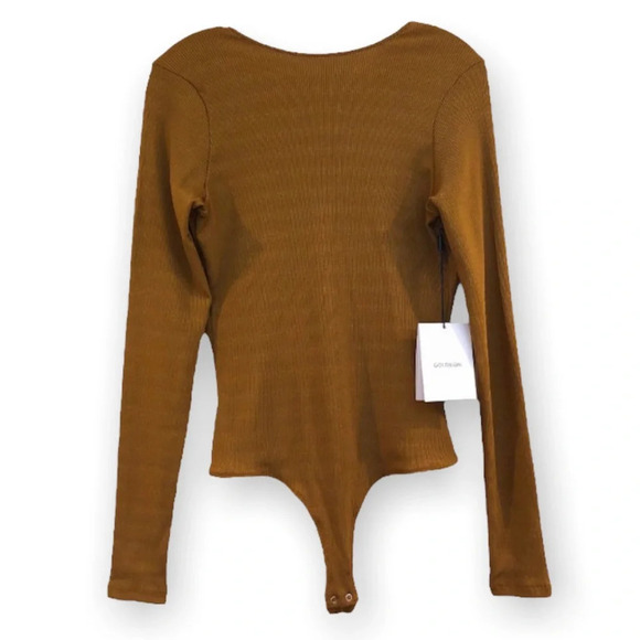GOLDSIGN Long Sleeve Cheeky Designer Ribbed V Back Bodysuit in Ochre XL NWT - Picture 1 of 12